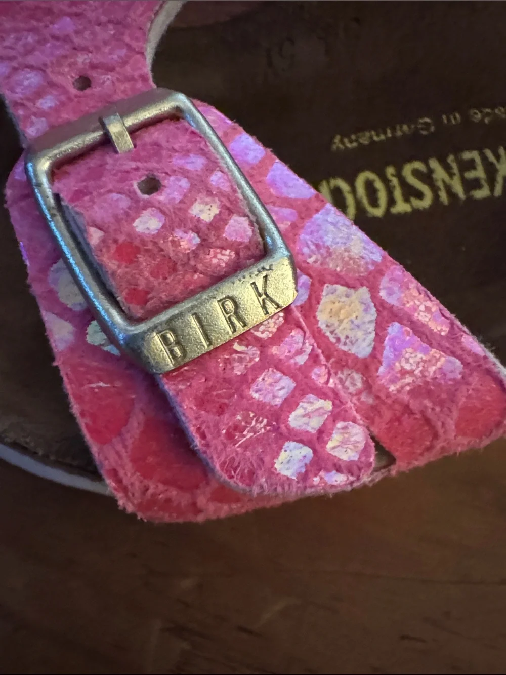 Birkenstock Kids Pink Iridescent Snake-Print Adjustable Sandals